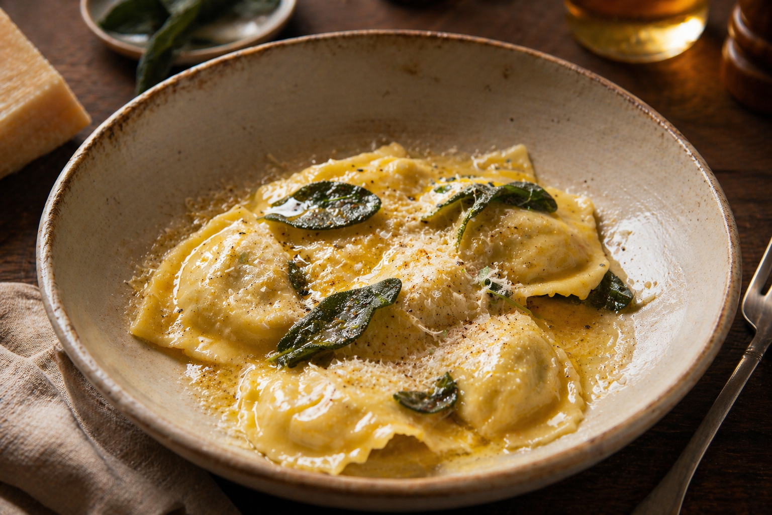 Tortelli di Ricotta e Spinaci — pasta fresca rellena con mantequilla y salvia