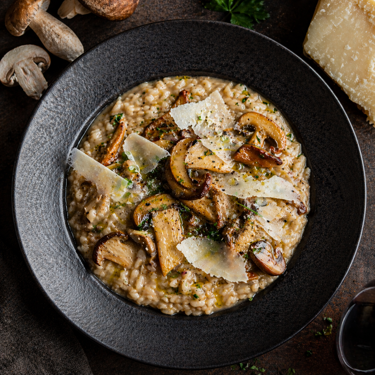 Risotto Arborio al funghi di stagione — arroz cremoso con setas frescas