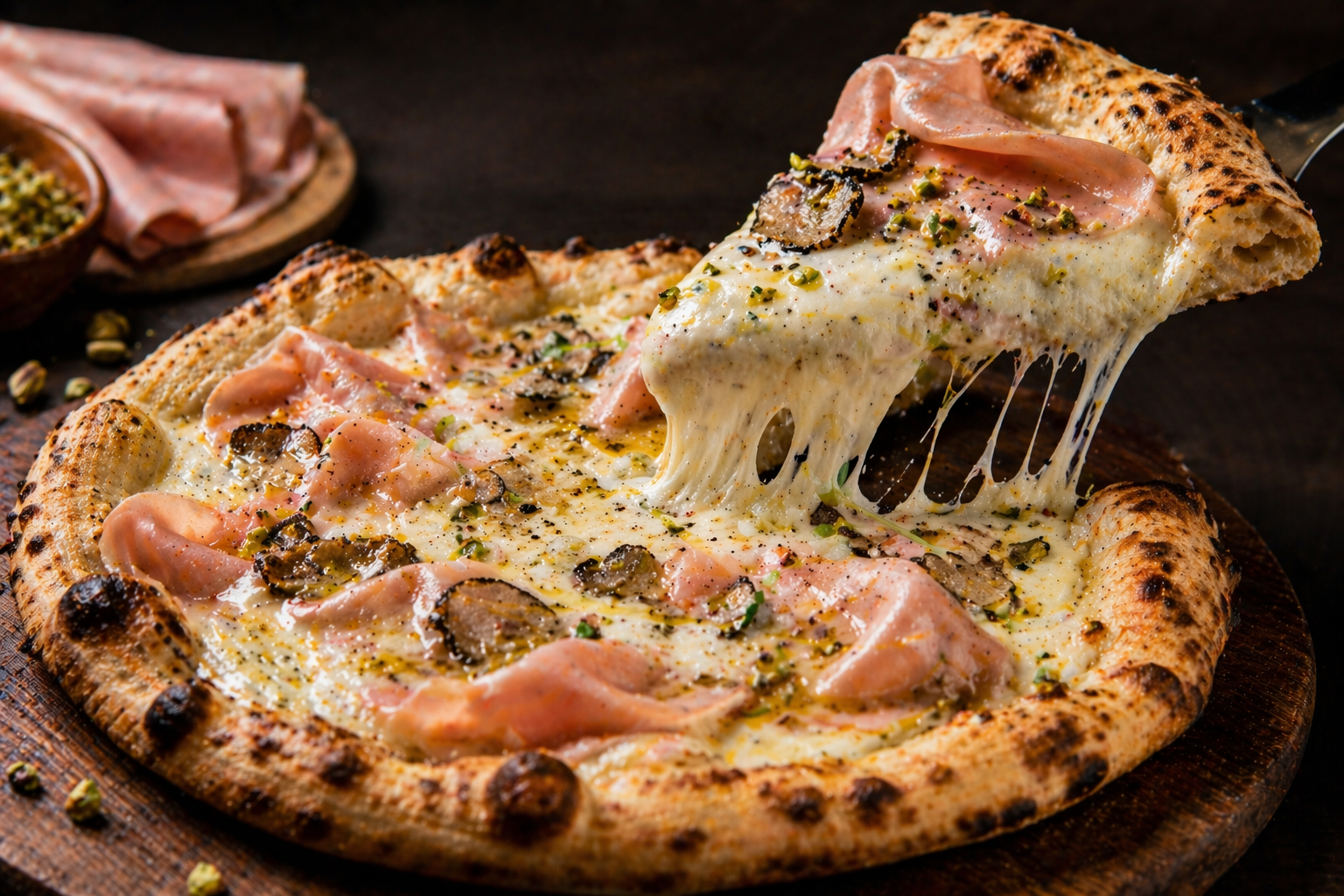 Pizza Trufa — mortadela con pistacho y queso trufado