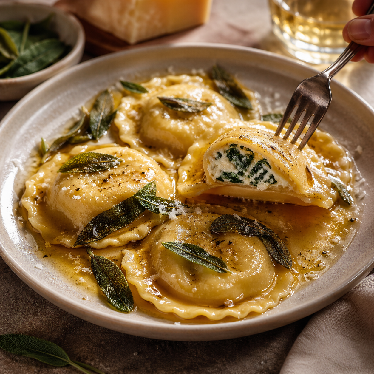 Tortelli di Ricotta e Spinaci, pasta fresca farcida de ricotta i espinacs amb mantega i sàlvia