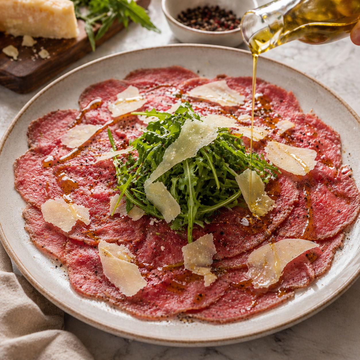 Carpaccio de Vedella amb ruca i encenalls de parmesà