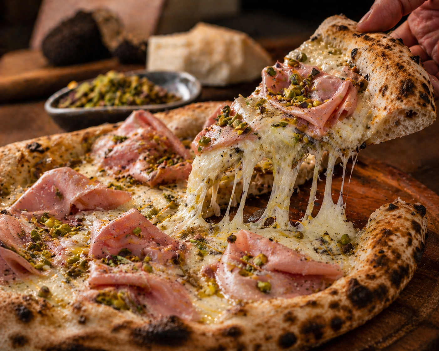 Pizza Tòfona artesanal amb mortadel·la amb pistatxo i formatge tofunat
